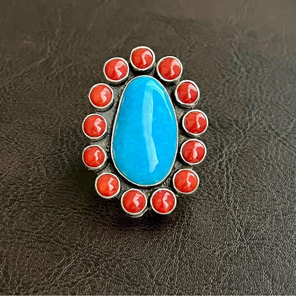 Vintage signed Navajo large Turquoise Coral and sterling silver ring - Picture 6 of 12